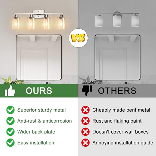 Image of Ascher Bathroom Light Fixtures, 4-Light Vanity Lights with Clear Glass Shade, Modern Brushed Nickel Wall Light for Mirror Bedroom Hallway Cabinet Porch