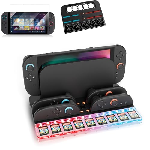 growalleter Charging Station for Nintendos Switch 2 Charging Dock with Ambient Light, HD Tempered Film, Charging Station for 4 Joy-Con, Host Storage &amp; 9 Game Card Holder, Overcharge Protection &amp; Smart RGB Lighting