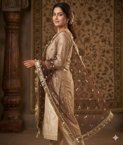 Image of Navti Creations Women's Lightweight Net Dupatta With Sequence Embroidery & Kiran Border (Length 2.25m)