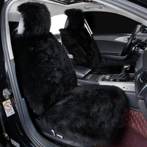 OGLAND 2 Pack Fluffy Sheepskin Car Seat Cover-Fuzzy Fur Auto Cushion for Universal Automotive Protector (Black, 2 Pcs Front Seat Cover)