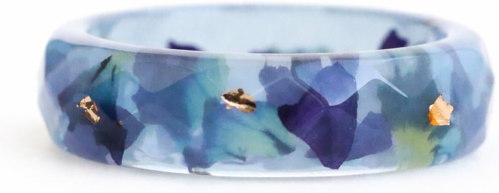 Blue Faceted Resin Ring with Pressed Pansy Petals and Gold Silver Copper Flakes, Handmade Floral Band