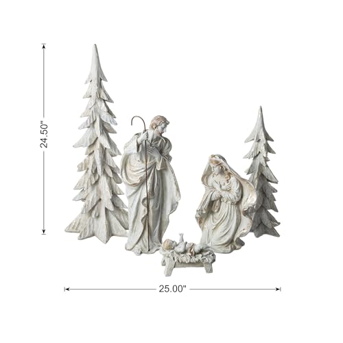 Image of Glitzhome 5Piece White /Gold Resin Nativity Sets, Holy Family Figurines with Joseph, Mary, Baby Jesus and 2 Christmas Table Trees for Christmas Table Decor, Indoor Nativity Figurines Tabletop Scene