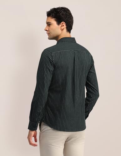 Image of U.S. Polo ASSN. Men's Green Striped Spread Collar Full Sleeve Casual Cotton Tailored Fit Shirt