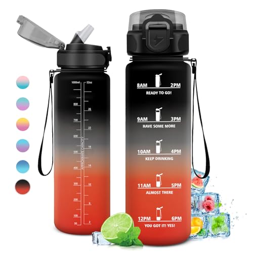 KollyKolla Trinkflasche 1L, Sportflasche Kohlensäure Geeignet, Wasserflasche Auslaufsicher, Trinkflasche Fahrrad mit Zeitmarkierung und Strohhalm, für Kinder, Erwachsener, Büro, Sport, Fitness