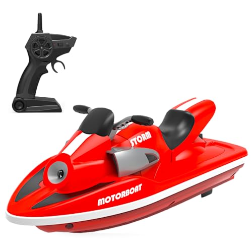 POCO DIVO Storm Motorboat Surf Jet Ski, 1/47 RC Model Boat, 2.4Ghz Radio Remote Control Speed Watercraft, Pool Lake Pond Dual Motors LED Light Toy Ship, Kids Gift Adults Water Fun, Red