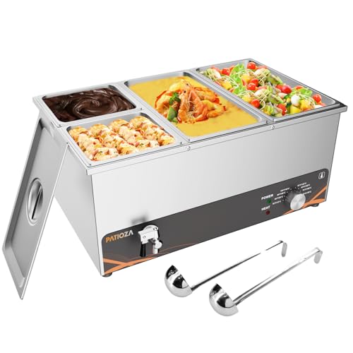 PATIOZA Commercial Bain Marie 4 Pan Food Warmer 1500W Stainless Steel Electric Buffet Server with Drain Tap & Soup Spoons Temperature Control 30-85C for Parties and Catering