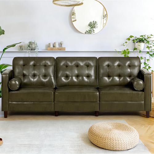 Image of 84 inch Premium Faux Leather 3-Seat Sofa w /2 Bolster Pillows and Tufted Backrest, Mid-Century Modern Sofa, Luxury Couch for Living Room, Bedroom, Office, Olive Green