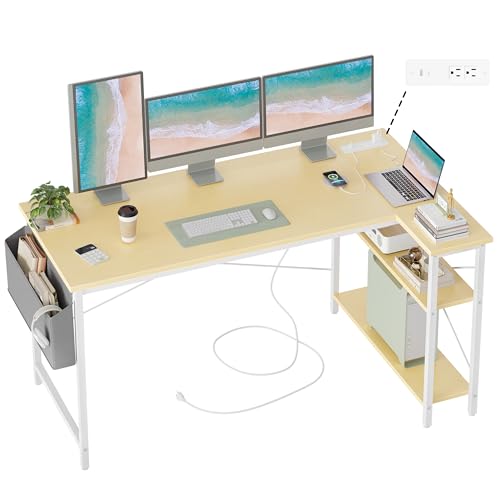 BEXEVUE Computer Desk with Power Outlets, 55 Inch L Shaped Desk with Reversible Shelves, Gaming Desk...