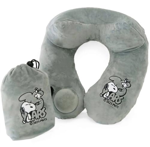 SNOOPY ネックピロー 空気枕 エアー枕 旅行 飛行機 キャンプ バス 快適 ポンプ式 30秒 肌触り 良い マイクロベルベット 首に沿った 立体構造 コンパクト 収納ポーチ付き スヌーピー GY