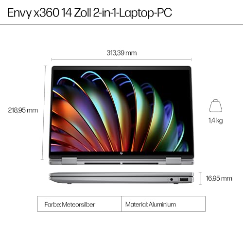 HP Envy x360 2-in-1 Convertible Laptop | AMD Ryzen 5 8640HS | KI optimiert | 14 2.8K OLED Touch Display | 16GB RAM | 512GB SSD | ‎AMD Radeon Graphics | QWERTZ | Copilot Key | Windows 11 Home | Silber