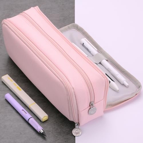 Image of Large Capacity Special Aesthetic Pencil Case Organizer with 3 Compartments, Big Preppy School Pencil Pouch Bag for Girls Women Adults, Pencil Holder Pen Pouch Cases (Pink 1)