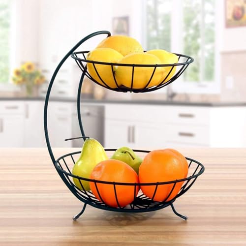 Image of 2-Tier Metal Fruit Basket Stand for Kitchen Counter | Double Layer Fruit Bowl Organizer for Vegetables, Fruits & Snacks | Rust-Resistant Iron Wire Basket for Home & Dining Table (23x32x28 cm)