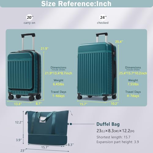 3 Piece Front Opening Luggage Set Hardside Carry on Suitcase with USB Port Expandable Spinner Wheels TSA Lock (Dark Green + ABS)2