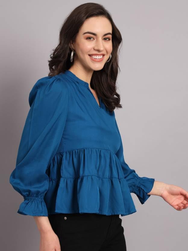 Image of THE DRY STATE Women's Rayon Casual Puff Sleeves Printed Multicolor Crop Top (S, Autumn Glory)