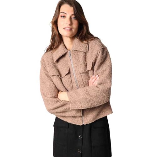 Deeluxe - Chaqueta de sherpa ASSILI estilo urbano con cremallera cuello camisa estructurado y bolsillos de parche con solapa, marrón, L