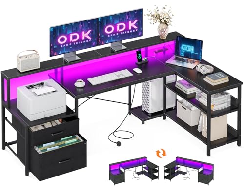 ODK Corner Desk with Drawers, 172×100 cm L Shaped Gaming Desk with LED Lights & Power Outlets, Reversible Computer Desk with Storages, Black