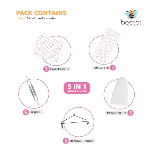 Image of Premium Swing Cradle Set | Cradle Cloth, Padded Bed, Mosquito Net, Heavy-Duty Spring & Triangle Hanger | Up to 15 kg | Light Pink Dot