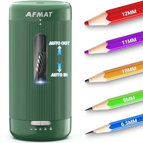 AFMAT Vollautomatischer Anspitzer mit Behälter Kinder, Aufladbarer Elektrischer Anspitzer USB, Spitzer Dicke Stifte,6.5-12mm, Batterie und USB Bleistiftschärfer für Bildung/Schule/Büro, Grün PSC3
