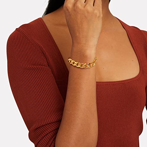 Chunky Cuban Link Chain Bracelets: Adjustable Wide Dainty 14K Gold Plated Wrist Chain For Women Men Teen - Silver & Gold Tone Simple Trendy Cool Jewelry Girls Boys Birthday Gift #TOP2
