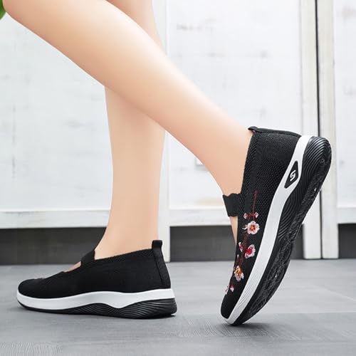 Flower Embroidered Slip On Knitting Flat Loafers for Women Comfortable Soft Sole Tennis Shoes Breathable Mesh Comfy Platform Non Slip Walking Sneakers2