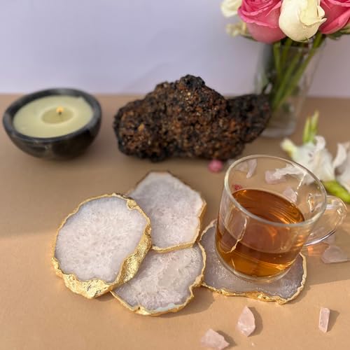 Image of Natural Agate Stone Tea Coasters Set | Premium Stone Coasters for Tea, Coffee & Glass | Heat Resistant Coasters for Dining Table, Office Desk & Home Decor | Pack of 4 | Color -White