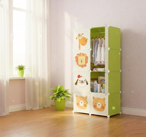 Image of KRISHYAM Kids Modular Storage Cabinet with Cartoon Animal Doors, 8 Cube Plastic Wardrobe Organizer, DIY Closet System with Hanging Rod, Toy & Clothes Storage (Green, 8 Box)
