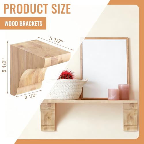 Image of Vercraft 2 Pcs Wood Corbels Wooden Shelf Brackets, Unfinished Paintable Bracket with Hanging Hook for Doorway Countertop Kitchen Cabinet Book Shelves, Rubber Wood (5 1 /2 x 5 1 /2 x 3.5 Inches)