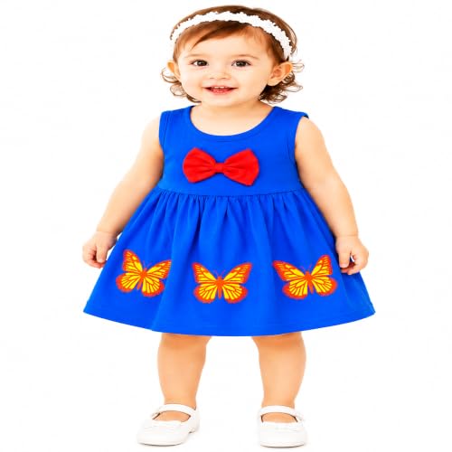Image of Baby Girls Cotton Sleeveless Butterfly Print A-Line Frock Dress with Bow.