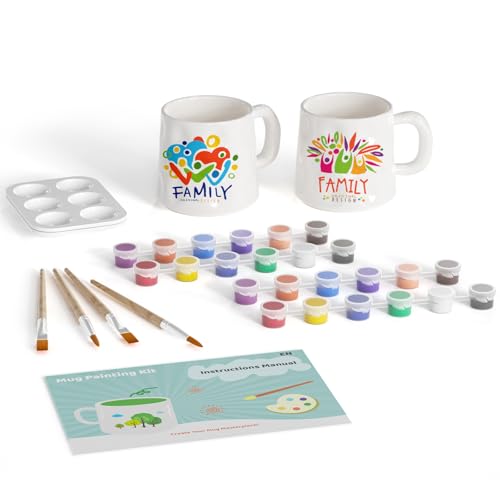 Zyncove Double Pottery Painting Kit - Paintables Ceramic Personalised Gift Mug Kit for Adults Child Ceramic Art and Crafts Kit Includes Mugs, Paints, Brushes and Painting Inspiration Guide