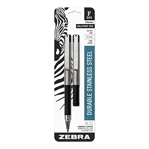 Zebra Pen F-301 Compact Retractable Ballpoint Pen, Stainless Steel Barrel, Fine Point, 0.7mm, Black Ink, 2-Pack