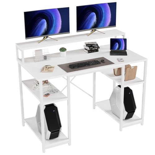 Devoko Schreibtisch mit Monitorständer, Computertisch mit Regalen, Bürotisch mit Bücherregal, Computertisch Klein PC-Tisch Officetisch für Home Office, 120x50x87cm, Weiß