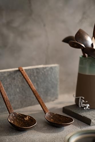 Image of Thenga Handmade Wooden Coconut Shell Serving Spoon Set - 33 cm | Eco-Friendly Kitchen Tools for Cooking & Serving | Safe for Non-Stick Pans & Clay Pots - Rustic Natural Utensils (Set of 2)