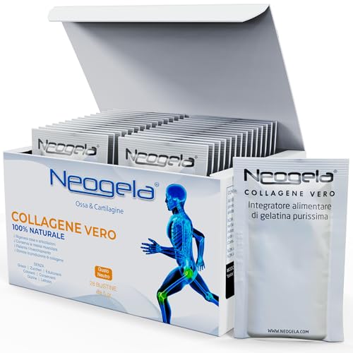 Neogela - 98% di collagene purissimo (Formato da 140gr, Prodotto Naturale) - Scatola da 28 Buste da 5gr - Benessere Osseo e Articolare