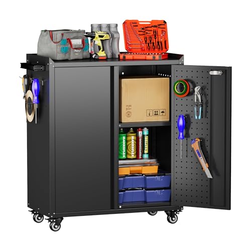 Image of Aobabo 31.5 inch H Garage Storage Cabinet with Wheels,Lockable Metal Storage Cabinet with 2 Doors for Garage Home Office Storage,Black,Assembly Required
