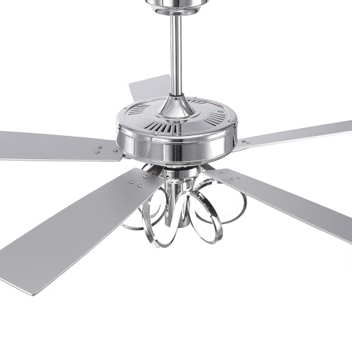 Image of 52 Inch Silver Ceiling Fans with Lights and Remote, Creative Modern Ceiling Fan for Bedroom Living Room with 3CCT, 6 Speeds, Timer, Dual-Sided Reversible 5 Blades Indoor Outdoor Chandelier Fan