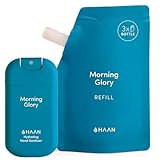 HAAN Hydrating Hand Sanitizer with Aloe Vera, Travel Size + Refill Bag | Cleanses Your Hands - Morning Glory Scent, Travel Size (1.01 fl. oz.) + Refill Bag (3.4 fl.oz.)