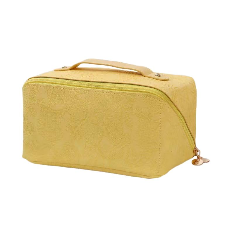 Embossing Portable Cosmetic Bag, 9.8in*4.7in*4.7in Large Capacity Travel Makeup Bag Leather Toiletry Bag for Women (Yellow)