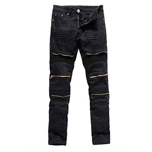 Men's Ripped Biker Moto Denim Pants Straight Fit Zipper Jeans Distressed Hole Skinny Slim Fashion Jean Trousers