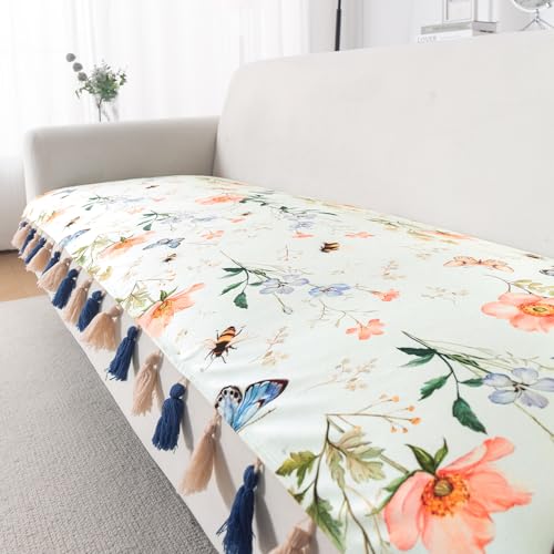 Image of HOKIPO Sofa Cover Mat with Tassel for 1 /2 /3 Seater & L Shape Sofa | DIY Sofa Cover Set | Printed Holland Velvet | 'Whispers of Nature' | 70(W) x 120(L) cm | Pastel Butterfly Meadow (IN-1119-D2)