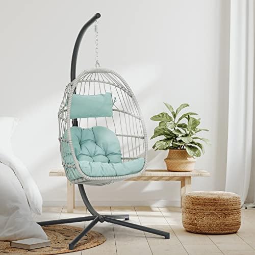 Egg Hanging Chair with Stand Hammock Egg Chair Indoor Outdoor, Wicker Rattan Hanging Swing Chair Basket Egg Chair Aluminum Steel Frame and UV Resistant Cushion for Bedroom Garden Backyard