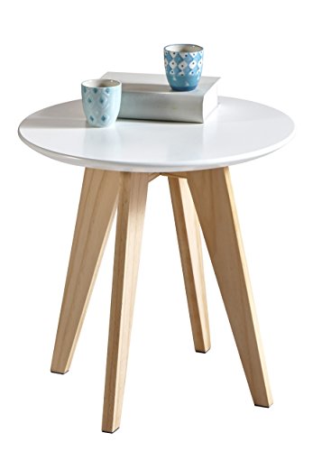 Abitti Mesa Baja mesita Auxiliar Redonda Color Blanco y Patas de Pino para rincón de salón Comedor. 40cm diámetro x 40cm Altura.