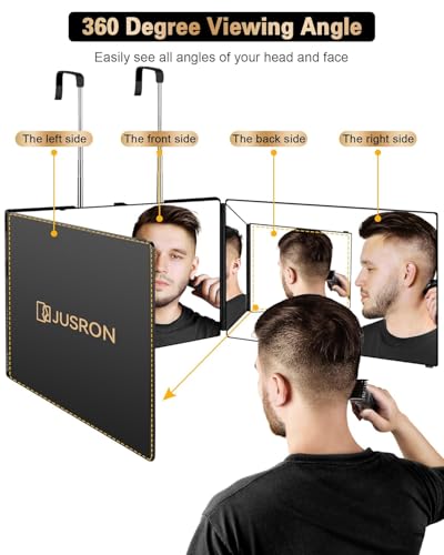 JUSRON 360 Grad Spiegel zum Aufhängen - Klappspiegel 3 Teilig Spiegel Haare Selbst Schneiden, Höhenverstellbarer Kosmetikspiegel Rasierspiegel Friseurspiegel für Makeup Rasieren Frisieren-Ohne LED