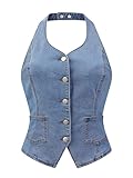 Allegra K Denim Vest for Women's Halter Neck Button Down Backless Jean Waistcoat Small Blue