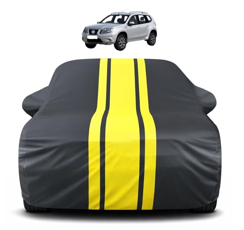 Image of Auto Hub Car Cover Compatible with Nissan Terrano with Mirror Pocket, Soft Cotton Lining, Terrano Car Cover Waterproof - Yellow-Black