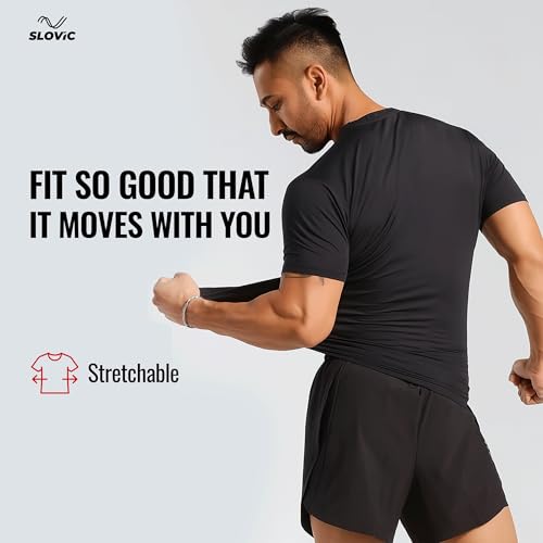 Image of SLOVIC T-Shirt for Man Stylish | Polyester (180 GM) Mens T-Shirt | Dry Fit Tshirt for Man & Boys | Wrinkle Free Gym T Shirts for Men Workout | Black