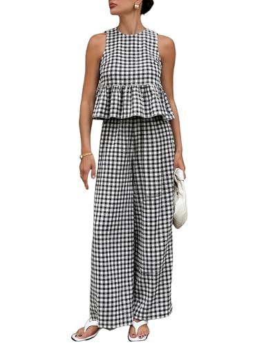Tanming Women's 2 Piece Set Outfits Gingham Plaid Tank Tops