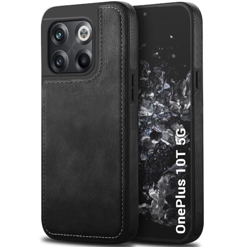 Image of TheGiftKart Genuine Leather Finish Back Cover Case for OnePlus 10T | Shockproof Design | Raised Edges for Camera & Screen Protection | Stunning Minimalist Design Case Cover (Faux Leather & PC, Black)