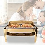 Glomora Chafing Dish Bufet ze stali nierdzewnej, 9L bufet Catering Podgrzewacz do potraw, przezroczysta szklana pokrywa, podgrzewanie alkoholu, na przyjęcie w kuchni, prostokątny (2 Compartments)