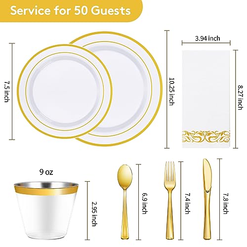 Goodluck 350 Piece Gold Dinnerware Set for 50 Guests, Plastic Plates Disposable for Party, Include: 50 Gold Rim Dinner Plates, 50 Dessert Plates, 50 Paper Napkins, 50 Cups, 50 Gold Silverware Set