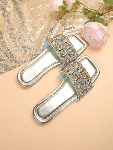 Verdusa Women's Rhinestone Dressy Sandals Square Toe Metallic Flat Sandals3